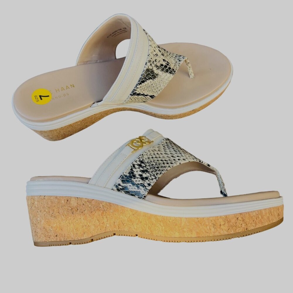 Cole Haan Womens Size 7B Snakeskin Print Wedge Sandals With Cork Sole